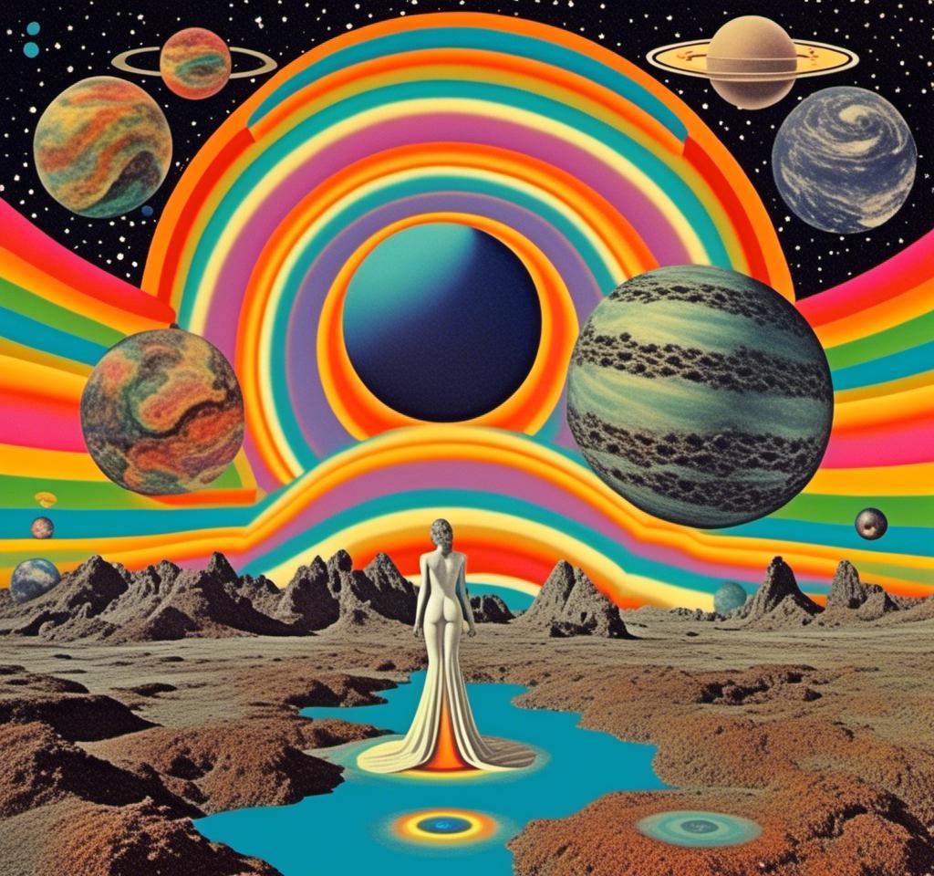 Prompt: A vintage 70s psychedelic collage with the theme “astral vacation”- incorporate themes of astral projection, the astral plane, the silver cord, use an astral brilliantly but sometimes muted opalescent color palette, & combine it all with planets, orbs, optical illusions and psychedelic trippy patterns, color spectrums as a surreal vintage psychedelic collage<mymodel>