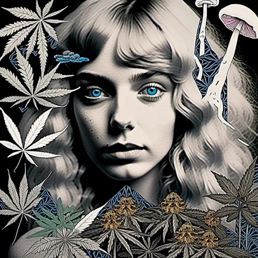 Prompt: <mymodel>Mixed media collage of a girl with long blond curly hair and blue eyes, black and white photograph, cannabis leaves, mushrooms, smoke and fractals in the background, hand-colored, high contrast, psychedelic, detailed facial features, vintage style, atmospheric lighting