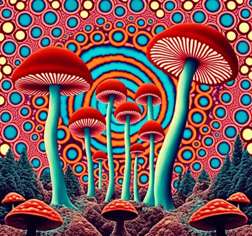 Prompt: <mymodel>Retro psychedelic collage of vibrant, 70s-inspired fungus, mushrooms, vibrant colors and patterns, surreal collage cut and paste composition, landscapes, trippy patterns, optical illusions, planets vintage analog texture, high quality, retro, psychedelic, vibrant colors, surreal, vintage, analog texture, detailed patterns, artistic