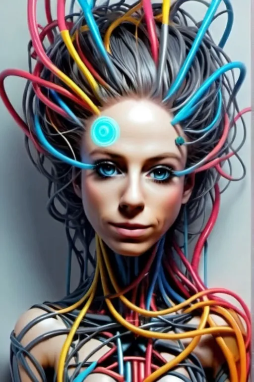 Prompt: Here’s an updated and more detailed AI art prompt:

**Prompt:**  
"A futuristic cybernetic woman deeply integrated into a complex network of multicolored, glowing wires that weave organically around her body and extend outward like a radiant technological halo. Her slim frame is adorned with a sleek, form-fitting metallic suit, featuring glowing neon accents that pulse in harmony with the vibrant wires. Her long, wild, and very curly pink hair flows outward, intertwining seamlessly with the multicolored wires, creating a mesmerizing fusion of organic and synthetic elements. Her piercing blue eyes shine with an otherworldly digital glow, reflecting her deep connection to the advanced technology surrounding her. The background is a pristine, high-tech laboratory filled with faint light beams and holographic interfaces, emphasizing her role as a bridge between humanity and machine."  

Let me know if you want even more customization!