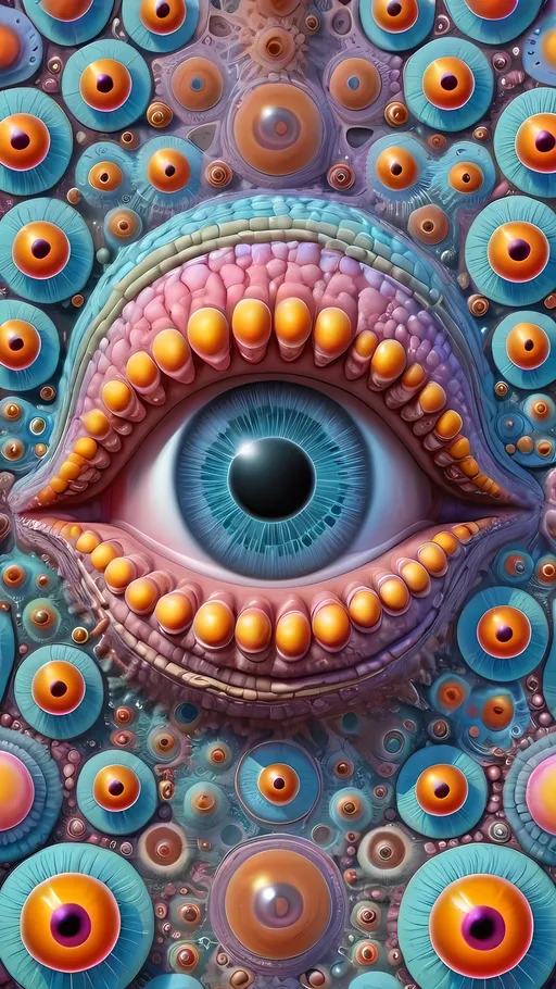 Prompt: an extremely hyper realistic ultra super textural weird trippy surreal psychedelic entity, gosper Curve, apollonian gaskets, catenoids, white, translucent, clear, bright bright feminine pastel colors, oil slick rainbow sheen effect, lots and lots of light, lots of crazy colorful compound psychedelic human eyes, rows of human teeth, fungus, radiolarians,  atoms, diatoms, enneper sufaces, apollonian gaskets, gosper Curve