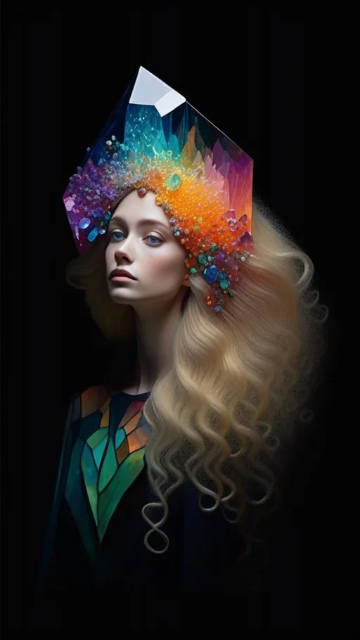 Prompt: <mymodel>Blonde woman with long curly hair, giant gem set eyes, psychedelic hallucination, rainbow fractals, geometry, inlaid precious gemstones, crystals, high quality, surreal, gemstone mosaic, detailed hair, vibrant colors, hallucinatory atmosphere, mesmerizing, otherworldly, natural lighting