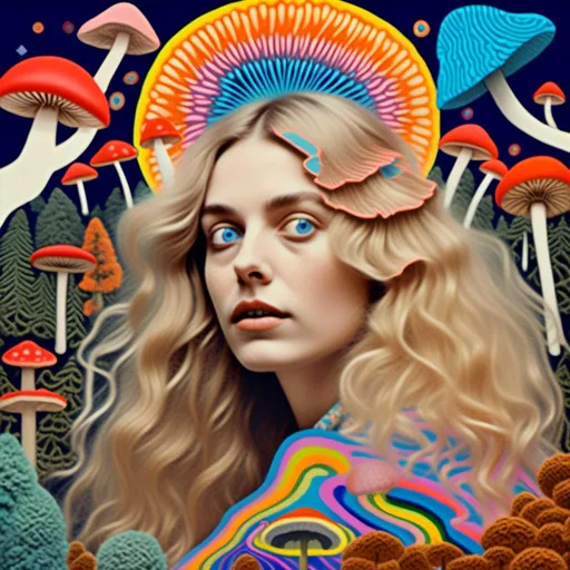 Prompt: <mymodel> a psychedelic stoned tripping goofy quirky looking but pretty woman with long blond very curly hair and blue eyes collaging with drawings of mushrooms, psychedelic vibrant color palette, psychedelic, whimsical and surreal, intricate collage details, trippy, weird, ethereal glow, dreamy lighting, high quality, ultra-detailed, fantasy, vibrant tones, surreal lighting, whimsical design, collage art, multimedia collage