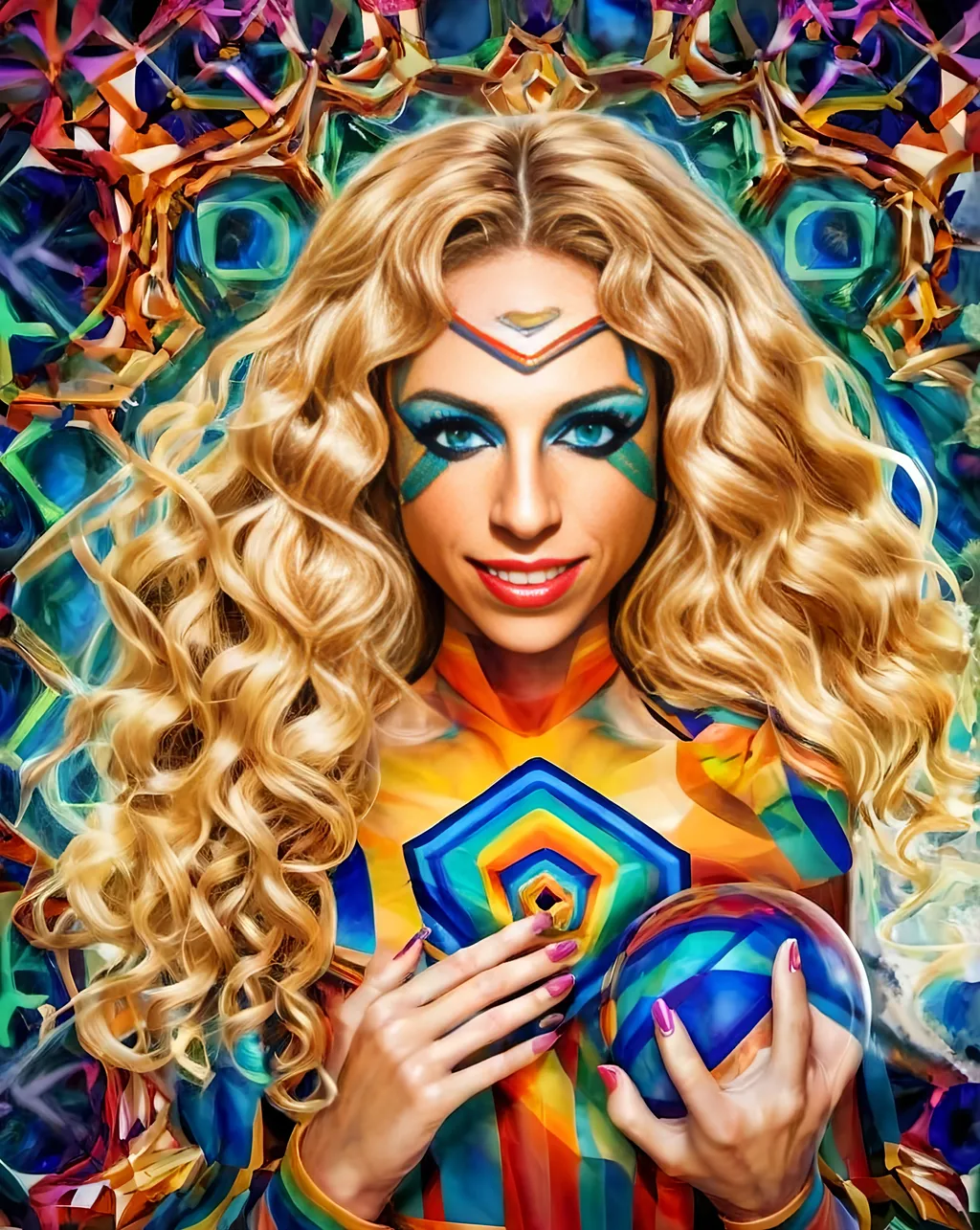 Prompt: a psychedelic hallucination of a female with long blond curly hair modeling avant Garde fashions accessories and makeup created directly out of multidimensional geometry fractals, hypercubes, non Euclidean geometry, psychedelic fashion halucinations 