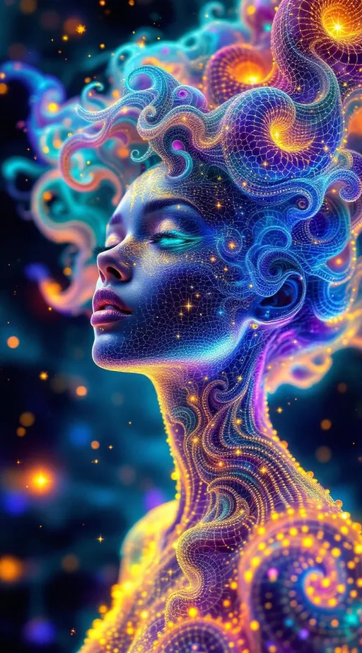Prompt: A woman formed from recursive fractal systems—her 5’4” frame sculpted in golden-ratio Mandelbulb musculature, wrapped in escape-time tiles that cycle across radiant spectra: plasma blue, aurora pink, molten teal. Her skin is alive with Newton fractals and Penrose symmetries—no surface repeats, every motion unfolds new math. Julia-set eyes spiral with golden halo-rings, blinking with symbolic time crystal pulses. Her brows arc in bifurcation diagrams, while her lips shimmer with fractal flame—iridescent wisps in fuchsia-lime fire. Her hair erupts in L-system curls and braid-group logic—recursive strands glowing in spectral braids of coral, violet, and acid green. Orbiting her is a sacred glyph-sparkle field: ultrachromatic motes arranged in Penrose lattices, flickering in Fourier dreamspace. Each sparkle is a micro-fractal: a Koch snowflake, a fernlet, a modular form, blinking in and out of phase. But the real sparkle—layer three—follows no symmetry. This is sparkle entropy: shimmer encoded in chaos bloom. Glyphlets trigger on motion, pulsing in reaction-diffusion ripples. Sparkles cluster, scatter, regrow in fractal resurrection bursts—each spiral bloom birthing new lightforms. Sparkle logic is observer-reactive—look, and the glyphs multiply; blink, and they rearrange. Her aura hums in neurofractal empathy, trailing emotion-flares in recursive rainbow feedback. Turing-pattern microbursts crawl under her skin, while her chest pulses with an entropy-heart engine—beating recursive math into chroma-storm breath. The background folds into Mandelbrot cathedral shells—rainbow oilglass reflecting her infinite feedback shimmer.
