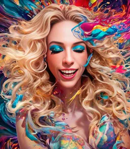 Prompt: Crashing psychedelic ocean-like breaking waves of fractals and multidimensional geometric shapes, psychedelic hallucination, woman with long blond curly hair, vibrant colors, high-contrast, surreal, abstract, 4k, vivid, surreal artstyle, vibrant tones, futuristic lighting, flowing hair