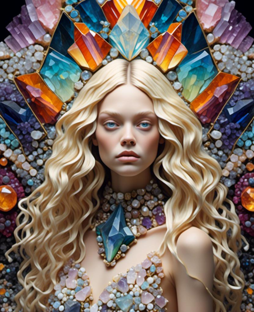 Prompt: <mymodel>ego death, woman long blond curly hair, figurine,  trippy extremely ultra hyperrealistic, high texture high detail psychedelic hallucination created entirely out of Gemstone, gemstones, crystals, crystal, psychedelic, texture, ego death, geometric shapes, fractals made out of gemstones gemstone textures minerals mineral texture banding crystals crystal clusters formations