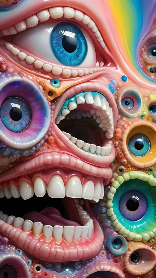 Prompt: an extremely hyper realistic ultra super textural weird trippy surreal psychedelic entity, clelia curves, , white, translucent, clear, bright bright pastel colors, oil slick rainbow sheen effect, lots and lots of light, lots of crazy colorful compound psychedelic human eyes, rows of human teeth, fungus, atoms, diatoms, clelia curves