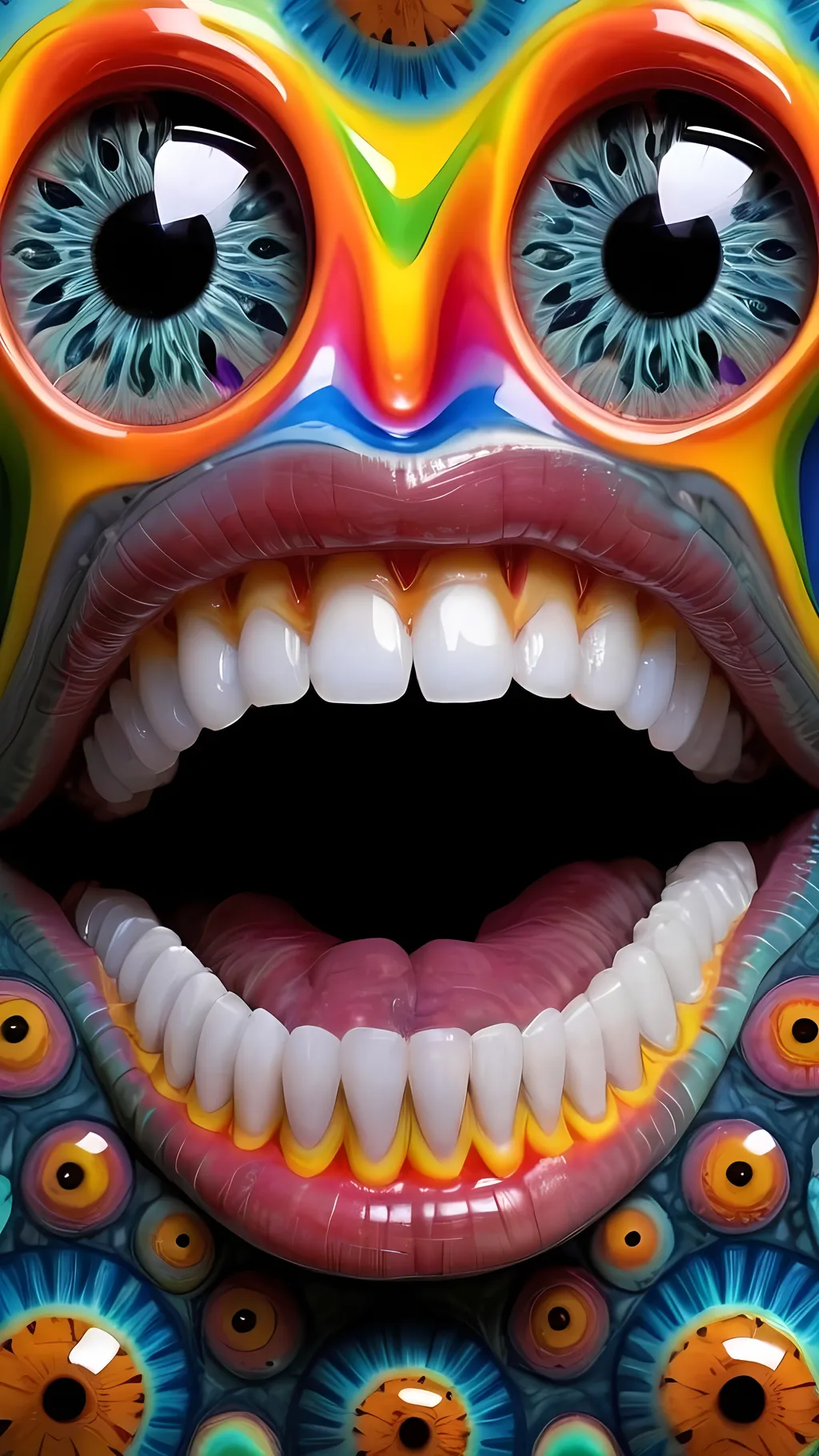 Prompt: Create an extremely hyper-realistic, ultra super textural, weird, trippy, surreal, psychedelic eyes/teeth/mouth pattern/design based on Mandelbrot & “Op Art tiling” with lots of human eyes (crazy colorful compound psychedelic), rows of human teeth, human lips, and tongues. 

- **Colors**: determined by the properties and expressions of the elements (& their isotopes), minerals, and metals: Tourmaline, Rhenium (Re)

**Shapes and forms**
- Mandelbrot 
- "Op Art tiling" 
-other shapes determined by the natural properties and expressions of the elements (& their isotopes), minerals, metals, and biological organisms: tourmaline,  Rhenium (Re),


- **Textures**: Derived from any/all elements (& their isotopes), minerals, metals, crystals, organic things mentioned in this prompt: tourmaline, Rhenium (Re)

**Composition and Layout**:
- a pattern/design based on the Op Art tiling & Mandelbrot 

**Lighting**:
- lots of bright light
- Phosphorescence

**Detail and Atmosphere**:
- Extreme hyperrealistic sharp high detail high definition organic and mineral textures
- Psychedelic, weird, odd, surreal atmosphere
- Frozen in time

**Additional Elements**:
- extra rows of teeth, lips, many eyes, Op Art tiling, Mandelbrot 
