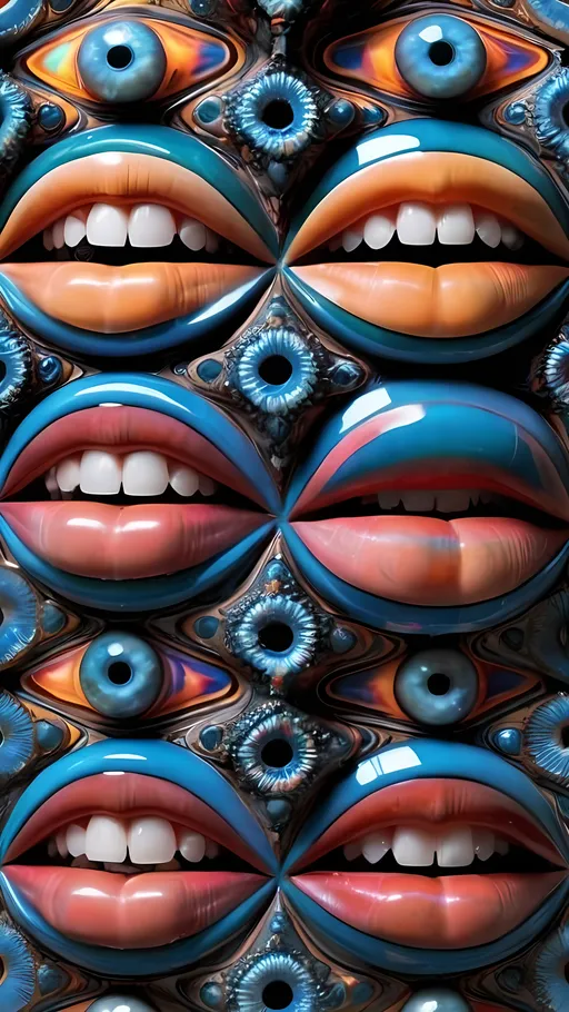 Prompt:  An extremely hyper-realistic, ultra-textural, weird, trippy, surreal, psychedelic pattern/design featuring eyes, teeth, mouths, & tongues. The design should be based on the “Mandelbrot” & “op art tiling” concepts, w/ an abundance of human eyes (crazy colorful compound psychedelic), rows of human teeth, human lips, & the elements, minerals, organisms: 
- Moonstone
- Selenite
- Labradorite
- niobium 
- potassium

**colors/lighting/Shapes/Forms/Textures**: 
- Main form: “Mandelbrot”
- Additional colors/shapes/forms/textures/arrangements determined by the natural properties/expressions of the listed elements, minerals, metals, & biological organisms. Capture their crystal structures, atomic arrangements, & natural formations. Express their raw, rough, & detailed textures, including crystal structures, surface finishes, & unique textural properties.
- Express the shapes, forms, structures, & arrangements of the listed elements, minerals, pigments, crystals, or biological organisms.
- Reflect intricate crystal structures, atomic arrangements, & natural formations.
- Integrate unique textural properties & surface characteristics into the pattern.
- Arrangement influenced by natural aggregates/combinations, creating a cohesive design.
-Intense, bright, reflective light
- Express the various lighting properties, effects, & illusions of listed elements, minerals, biological entities, & crystals.
- Capture interactions w/ light, including reflections, refractions, iridescence, & other optical phenomena. Use lighting to emphasize intricate details, textures, shapes, & forms.

