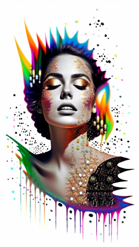 Prompt: a mixed media collage portrait of a woman in a black or white photograph that has bit edited with other media to create a collage like illusion that she is burning in shining metallic glittery rainbow colored fire flames , sparkle, colored paints, rhinestones sequins paint paper high texture-multimedia rainbow astral flames bursting forth from a black and white photograph of a woman<mymodel>