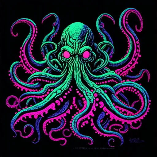 Prompt: <mymodel>Vintage 70s black light poster of Cthulhu in photorealism, Cthulhu at R'lyeh, tribal primal style, realistic tentacles, Lovecraftian horror, eerie atmosphere, intricate details, photorealistic cosmic background, high quality, detailed texture, black light art, vintage, 70s, Cthulhu, R'lyeh, tribal, primal, photorealism, Lovecraftian, eerie atmosphere, detailed, cosmic, realistic, eldritch, noneuclidean geometry, idol