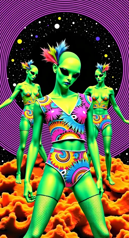 Prompt: Create an image of a female alien with green skin, a conical shaped bald head, and large solid black almond shaped eyes, dressed in a vibrant, sequined crop top and fishnet stockings, embodying the essence of a Moulin Rouge performer. She is surrounded by other green-skinned aliens with similar features, all adorned in flashy, revealing attire, twirling and dancing with flamboyant feathered accessories. The setting is the iconic Moulin Rouge, but it is floating above a swirling black hole, with quantum strings and quantum foam weaving through the scene. The entire image is infused with digital noise, featuring pixelated distortions, color shifts, and glitchy overlays, creating a surreal and chaotic atmosphere.