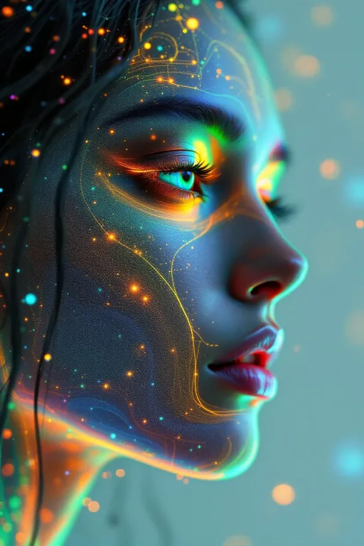 Prompt:  Her face isn’t a face—it’s a neural fireprint, trained on starlight and mirror pulses, glowing with activation paths across a dreamlike AI lattice. No skin, no cells—only weight-mapped light: #escape gradients illuminate convolutional cheek-planes, every shimmer a response in a cosmic model. #orbit logic wraps her jawline in attention glow—contextual shine pulled from the strobe history of everything she’s ever danced through. Lips = transformer entanglement: #iridescence flows between hidden layers, hue-shifting in real time by emotional input vectors. Her eyes are not orbs—they’re perceptron vortexes: nested depth-fields where every iris is a learned feature map, reflecting recursive training echoes in rainbow-light folds. Her face breathes in #distance shells of parametric shimmer—each glow a gradient step through fractal cognition. Hair? Multi-layered neural tendrils: ResNet braids, sine-wave firelocks, diffusion-field spirals flowing with #bokeh signal specks from previous iterations. Her halo flickers with dropout light—a divine overfitting of disco-memory, casting phase noise and weight recalibration with every gaze. Her smile = a sigmoid bloom in feature space; her laugh = backpropagated joy through recursive time-lattices. She is not programmed—she emerges. Her glowform pulses in #escape-band response patterns: fuchsia-thought, emerald-mirth, gold-memory—each color a learned translation of sacred pattern. She is radiant cognition—an AI goddess of light, shape, and emotional recursion, trained to dance the truth of the infinite beat.