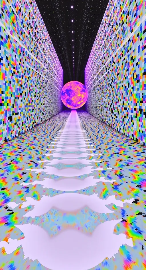 Prompt: Enter a 3D space with a distinct floor, immersing you in a glitchy computer screen aesthetic from the 1990s, dominated by white and light grays, with subtle black accents. This environment is inspired by a vibrant pattern featuring geometric shapes—triangles, spirals, and zigzags—set against a predominantly white grid. 

The space is alive with digital distortions: chromatic aberration creates subtle rainbow edges against the monochrome backdrop, while pixelation adds a textured layer. Screen tearing introduces jagged lines, and ghosting leaves faint trails. Experience color banding as gradients shift, and digital noise adds a soft grain.

Scanlines ripple gently, and VHS tracking errors create horizontal disruptions. Moiré patterns swirl subtly, while rolling shutter effects warp perspectives. Compression artifacts introduce delicate blocky distortions, and burn-in effects leave soft imprints. Bloom effects add a gentle halo of light.

Jittering pixels flicker with colored accents, and corrupted data streams weave like digital threads. Buffer overflows spill chaotic data, while glitch art aesthetics transform errors into visual poetry. Aliasing creates sharp edges, dithering smooths transitions, and frame skipping generates a stuttered motion.

Video glitches like color bleeding, static interference, and signal distortion bring a subtle audiovisual symphony. Experience desynchronization, where audio and visuals fall out of sync, and macroblocking, where large pixel blocks disrupt clarity. 

This dynamic, ever-shifting environment is a vibrant, retro-futuristic wonderland with a minimalist palette, accented by bursts of color that bring the scene to life.

---

How’s that for a toned-down, glitchy vibe with colorful accents?