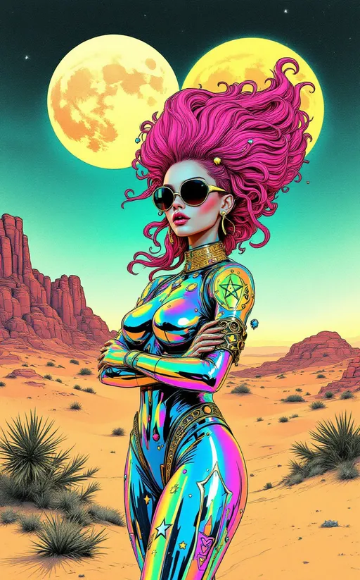 Prompt: A babelicious retrofuturistic space babe stands on the sun-bleached dunes of an alien desert world, two oversized moons glowing in the hazy sky behind her. She’s radiant and defiant, rendered in a richly illustrated retrofuturist style—part La Planète Sauvage etching, part psychedelic poster collage. Every contour is inked with soft black lines and stippled shadows, colors glowing in holofractal iridescence.

caucasian in skin tone and features, Her long, curly pink hair bursts upward in a high, sculptural style—like Martian bubblegum coils wound in gravity-defying retro swoops, dotted with chrome pins and tiny alien charms. She wears form-fitting holofractal armor, textured like liquid chrome and etched with sacred-glitch symbols that shimmer in moving rainbow waves. Instead of hearts, her armor features whimsical decorative glyphs: tangled love-stars, laughing loops, and comet-burst sigils that pulse with weird joy.

In one hand, she casually wields a vintage-style raygun, its handle clear like crystal, its barrel glowing with alien circuitry. From its tip blasts a stream of electric rainbow geometry—sparkling fractal snowflakes, radiant prisms, interlocking Platonic solids in motion. These shapes scatter into the wind like confetti from a fourth-dimensional celebration, casting soft shadows across the dunes and her own armor.
The entire image is stylized as a collage of illustrated analog textures—grainy retro color overlays, halftone patterns, print shift misalignments—giving it the feel of a lost pulp sci-fi page torn from the back of time and taped together with dream logic.

Art style: retrofuturist analog sci-fi illustration blended with La Planète Sauvage aesthetics, psychedelic collage techniques
Color palette: radiant iridescent holofractals, muted desert pastels, jet black illusion lines, popping electric rainbows
Mood: cosmic diva energy, playfully apocalyptic; like if Lisa Frank got recruited by a 1970s French animation studio and handed a glitter gun.

