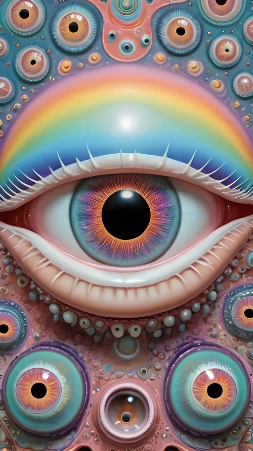 Prompt: an extremely hyper realistic ultra super textural weird trippy surreal psychedelic entity, Peano Curve, apollonian gaskets, catenoids, white, translucent, clear, bright bright feminine pastel colors, oil slick rainbow sheen effect, lots and lots of light, lots of crazy colorful compound psychedelic human eyes, rows of human teeth, fungus, radiolarians,  atoms, diatoms, enneper sufaces, apollonian gaskets, Peano Curve