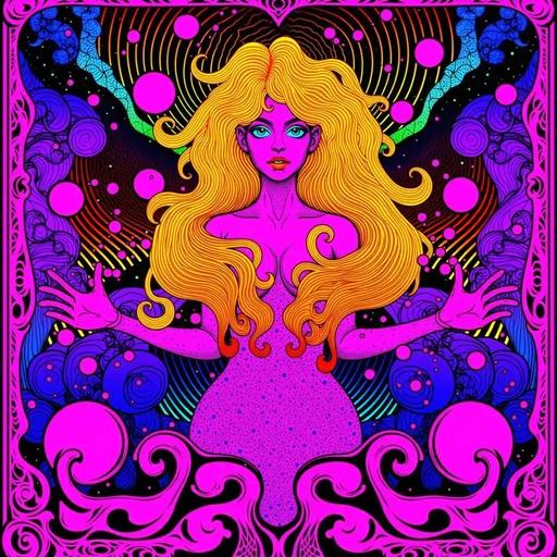 Prompt: **AI Art Prompt:**
An extremely super hyperrealistic ultra high definition super fine textured psychedelic creature called the "Arachnid Empress of the Eternal Threads."
**Creature Description:**  
The Arachnid Empress is a celestial hybrid of a spider and a goddess. Her upper body is a glowing woman with opalescent skin shifting in hues of gold, violet, and turquoise. Her long, wild, curly blond hair flows like a radiant river, streaked with neon pink and electric blue that ripple as if alive. Her lower half transforms into a crystalline spider with eight sleek, glowing legs etched with fractal patterns. Her abdomen is a swirling galaxy encased in a translucent shell, constellations glowing softly within. 
Her eight multifaceted eyes reflect infinite universes, each glowing in a different psychedelic hue. From her fingertips extend fine, shimmering threads of webbing, forming sacred geometric patterns in the air. She exudes both grace and cosmic power, as if she weaves the fabric of reality itself.
**Background Description:**  
The Empress dwells in an infinite, glowing web suspended in a kaleidoscopic void. The web shimmers with rainbow hues and fractal patterns, stretching endlessly in all directions. The void is a swirling sea of vibrant colors—electric greens, fiery oranges, and deep purples—dotted with floating orbs of light. Occasionally, bolts of energy ripple through the web, illuminating her in radiant light.
**Mood and Atmosphere:**  
The scene is hypnotic and divine, blending beauty and mystery. The glowing textures, vibrant colors, and intricate patterns create a sense of awe, as if the viewer is witnessing the cosmic weaver of existence.

