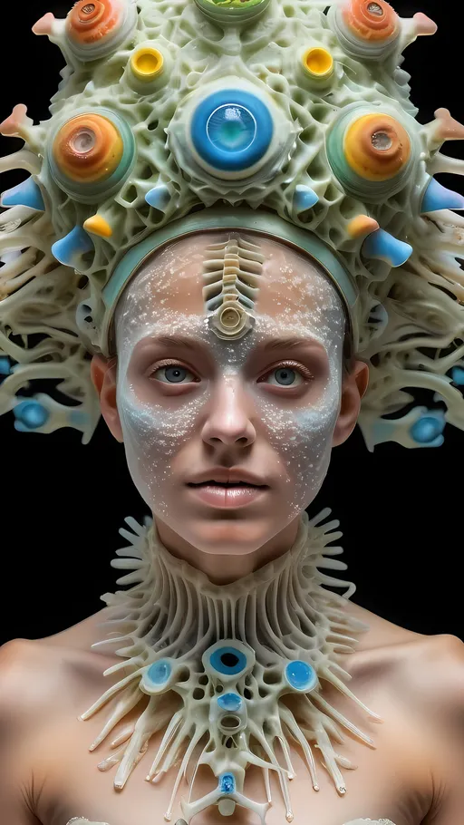 Prompt: Extremely hyperrealistic ultra textural trippy surreal beautiful but odd unsettling psychedelic creature- a psychedelic diatomaceous creature entity queen crown jewelry cape with lots of crazy psychedelic human compound eyes, rows upon rows of human teeth.  head, face, body, limbs, fungus, Mandelbrot, oil slick rainbow sheen effect, holographic, hologram, translucent, vivid colors white, tons and tons of light, bright pastel colors, Gyroid Structures. Diatoms: bacillariophyta, siliceous, valves, girdle bands, raphe, striae, puncta, areolae, costae, rimoportula, fultoportula, chloroplasts, auxospore, epitheca, hypotheca, mucilage, frustule symmetry, valve morphology, pennate diatoms, centric diatoms, motile, non-motile, biofilm, epiphytic, epilithic, epipsammic, biogenic silica, diatomaceous earth, primary producers, carbon fixation, biogeochemical cycles, diatom blooms, paleoecology, nanostructures, microalgae, environmental indicators, aquatic ecosystems. geometric, symmetrical, radial, bilateral, elongated, circular, triangular, oval, star-shaped, pennate, centric, intricate, lattice-like, perforated, silica, frustules, ornate, microscopic, diverse, varied, delicate, transparent, golden-brown, pillbox-shaped, chain-forming, solitary, colonial, planktonic, benthic,