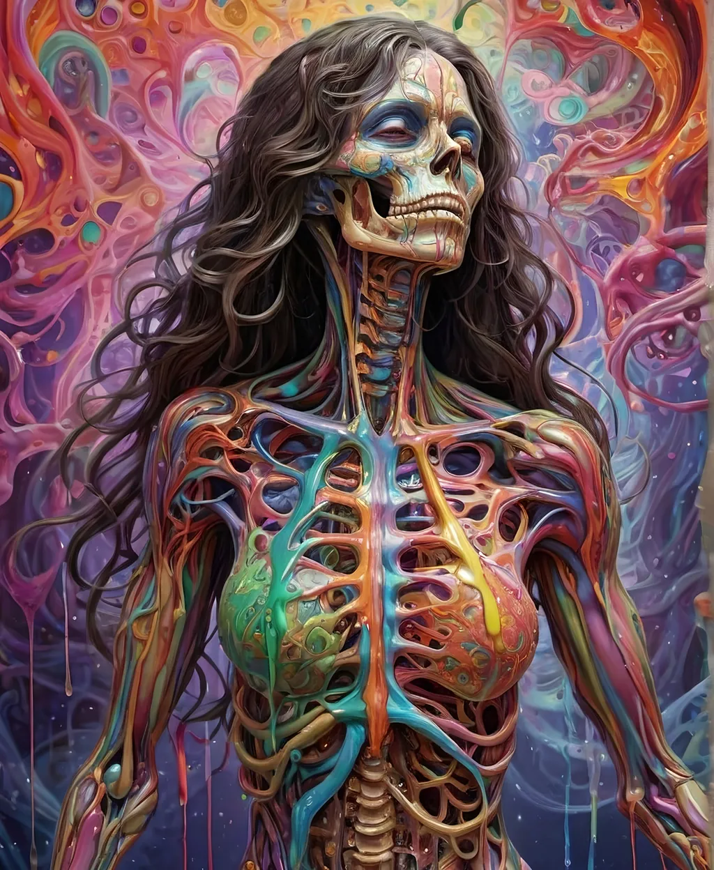 Prompt: Psychedelic hallucination, human being/body melting psychedelicly - skeleton, female, long curly hair, muscular system, muscles, bones, organs, guts melting, oozing, dissolving into fractals. 9of reality melting, ego death, melty, melting, drippy, drips dripping, Ooze, oozing, Alex grey, fractals, visionary, psychedelic, trippy, weird