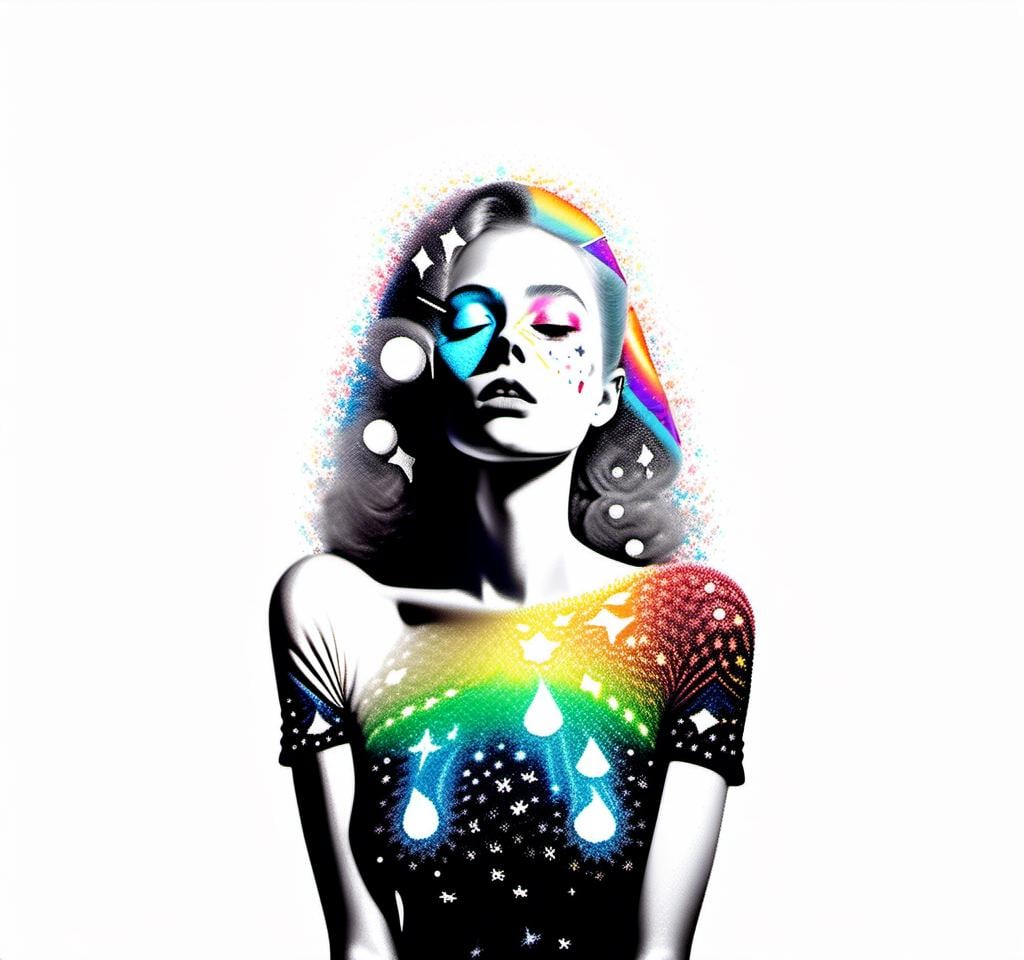 Prompt: a photograph (black and white or halftone) of a woman with multimedia colorful galaxies and stars in her wide eyes who is vomiting pure rainbows and stardust sparkles. She wretches as a beautiful spectrum of colorful light and sparklies made of paint, enamel, glitter, foils, pearl dust, rhinestones, metal, beads, marker, etc spills from her open mouth with force lighting up the room<mymodel>