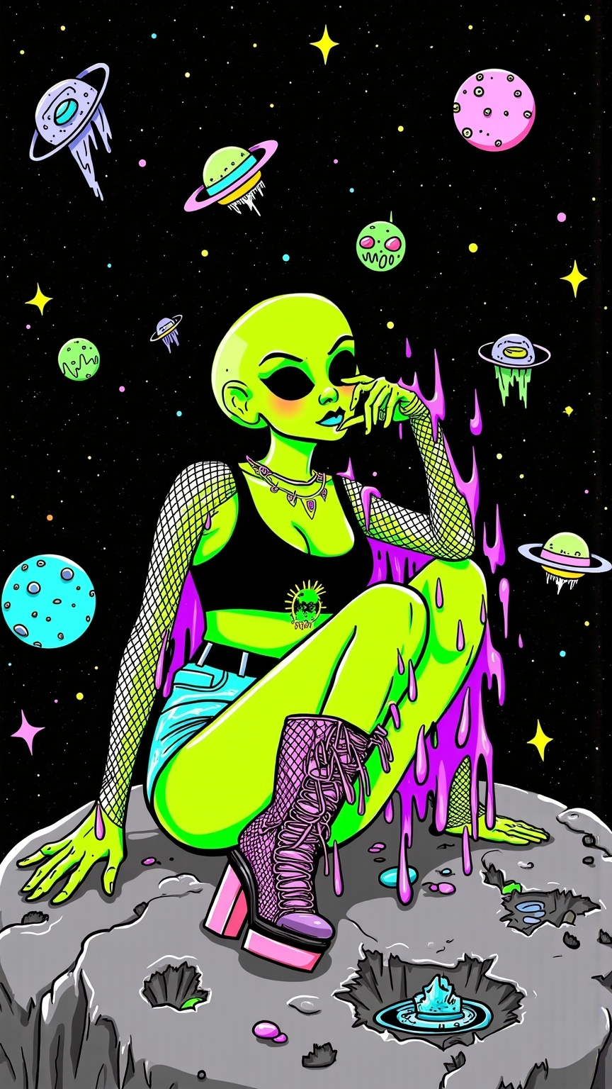 Prompt: **Prompt:**  

A photorealistic depiction of a female alien with green skin, a conical-shaped bald head, and large solid black almond-shaped eyes, lounging playfully on the jagged surface of an asteroid. She is wearing a ripped crop top paired with fishnet sleeves, neon-colored short shorts, and knee-high boots with a metallic sheen, exuding a trashy yet endearing vibe. Her pose is cute and flirtatious, with one leg bent and her arms positioned to frame her face in a playful manner.  

The scene is set in the vastness of space, with a swirling galaxy of stars and distant planets in the background. The asteroid's surface is rough and textured, with glowing alien runes etched into the rock. Overlaid on the image are doodle-style accents: hand-drawn UFOs, sparkly stars, comets with glitchy trails, and tiny green alien heads with winking expressions.  

The overall aesthetic is gritty and glitchy, with digital noise, pixelated distortions, and chromatic aberrations scattered throughout the image. Bright neon colors contrast with the dark, starry void, and parts of the asteroid and the alien girl herself appear to flicker as though caught in a digital malfunction. The doodled elements occasionally "glitch" out, shifting slightly in position or appearing partially corrupted, adding to the chaotic, grime-inspired vibe.