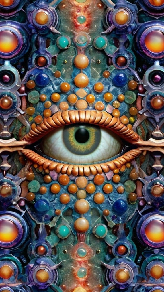 Prompt: Create an extremely hyper-realistic, ultra super textural, weird, trippy, surreal, psychedelic eyes/teeth/mouth pattern/design based on “metatron’s Cube” with lots of human eyes (crazy colorful compound psychedelic), rows of human teeth, human lips, and tongues. 

- **Colors**: determined by the properties and expressions of the elements (& their isotopes), minerals, and metals: Nickel (Ni), Aventurine, Chrysoberyl

**Shapes and forms**
- “Metatron's Cube”
-other shapes determined by the natural properties and expressions of the elements (& their isotopes), minerals, metals, and biological organisms: diatoms, Nickel (Ni), Aventurine, Chrysoberyl


- **Textures**: Derived from any/all elements (& their isotopes), minerals, metals, crystals, organic things mentioned in this prompt: “Metatron's Cube” Nickel (Ni), Aventurine, Chrysoberyl

**Composition and Layout**:
- a pattern/design based on the “Metatron's Cube”

**Lighting**lots and lots of bright shining reflective light
- Trichroism


**Detail and Atmosphere**:
- Extreme hyperrealistic sharp high detail high definition organic and mineral textures
- Psychedelic, weird, odd, surreal atmosphere
- Frozen in time

**Additional Elements**:
- extra rows of teeth, lips, many eyes, diatoms, “Metatron's Cube” , Aventurescence, Chatoyancy
