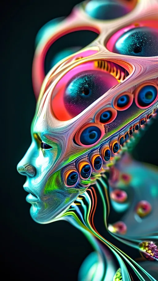 Prompt: an extremely hyper realistic ultra super textural weird trippy surreal psychedelic entity, Cardioid Curves, ,,, translucent, pearlescent finish, silver, pyrite, quartz,, clear, bright vivid teals, blues, pinks/yellows/greens, black charcoal, lots and lots of light, lots of crazy colorful compound psychedelic human eyes, rows of human teeth, fungus,  atoms, diatoms,, Cardioid Curves