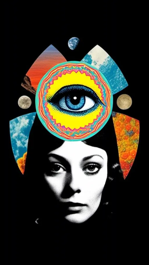 Prompt: <mymodel>Psychedelic collage of a woman, spliced and edited with psychedelic planets, cats, and UFOs, a psychedelic open third eye, pickles, photos of mushrooms of all kinds and colors, trippy optical patterns, incorporating paint, enamel, and found objects, black and white optical illusions, high quality, surreal, vibrant colors, trippy, psychedelic, detailed collage, cosmic theme, colorful lighting surreal collage