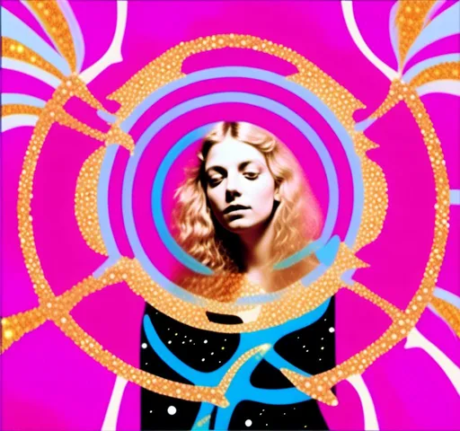 Prompt: <mymodel>Mixed media collage of an astral entity in the astral realms in outer space but also another beautiful glowing dimension of radiance
And love and light. She has long blond curly hair and appears as a photograph, maybe black and white or halftone, while the mixed media colors and sparkles and sacred geometries of the astral dimension swirls around her and out of her in the form of paint, foils, glitter, sparkles, rainbows, auras, sequins, enamels, rhinestones, thread, broken glass, etc