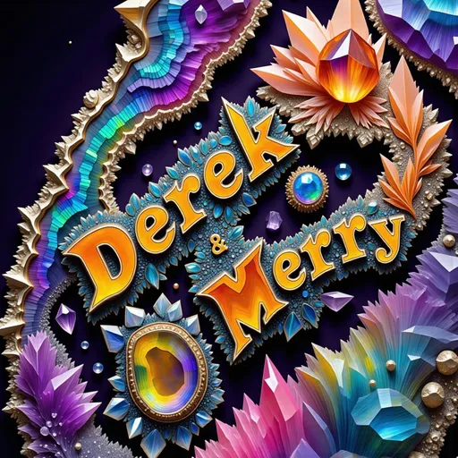 Prompt: "'Derek' '&' 'Merry'" must be seamlessly integrated into the scene, their forms crafted naturally from vibrant, colorful elements like opal, bismuth, labradorite, and quartz. The Mandelbrot fractal spirals infinitely, its glowing edges shimmering with the iridescent blues, greens, and purples of labradorite. The letters of "Derek & Merry" emerge from the fractal’s geometry, their surfaces glinting like polished opal, with fiery flashes of orange, pink, and violet shifting as if alive.

Bismuth crystals, with their angular, metallic rainbow formations, grow into the text, their intricate stair-step shapes forming the "&" symbol and parts of the letters. Quartz spires pierce through the fractal landscape, their translucent forms refracting light into a kaleidoscope of colors that dance across the scene. The text feels as though it has grown naturally from these minerals, blending seamlessly with the fractal's recursive beauty.

Above, the sky flows like liquid light, swirling with hues of molten gold and deep sapphire, echoing fluid dynamics. These currents occasionally shape themselves into fleeting patterns, spelling "Derek & Merry" before dissolving into the vibrant ether. Tiny quantum particles flit along the edges of the scene, glowing like microscopic stars, their motion creating a subtle hum that resonates through the fractal and mineral structures.

The entire composition is alive with color and energy, the interplay of opal, bismuth, labradorite, and quartz creating a scene both surreal and harmonious. "Derek & Merry" is not just part of the image but its very essence, seamlessly woven into the infinite fractal patterns and radiant natural elements.