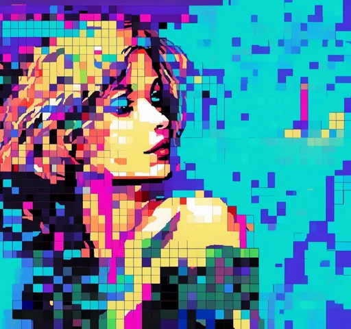 Prompt: <mymodel>Colorful glitchy 90s video game scene with a woman, retro pixel art, vibrant colors, glitch effects, high quality, retro gaming, 16-bit, pixel art, glitchy visuals, woman character, colorful environment, pop art style, vibrant lighting