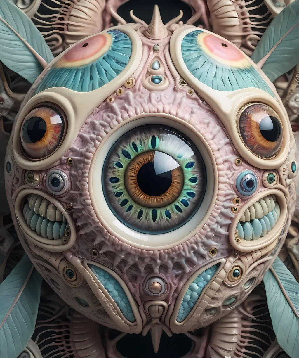 Prompt: A surreal extremely hyper realistic super textural psychedelic geometric eyeball creature with insect wings, pastel light colors,  lots of crazy trippy psychedelic human eyes, human teeth, organic and mechanical, multidimensional, weird surreal unsettling odd