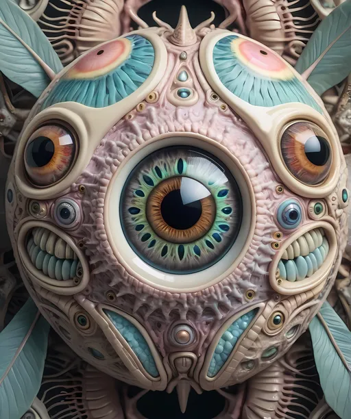 Prompt: A surreal extremely hyper realistic super textural psychedelic geometric eyeball creature with insect wings, pastel light colors,  lots of crazy trippy psychedelic human eyes, human teeth, organic and mechanical, multidimensional, weird surreal unsettling odd