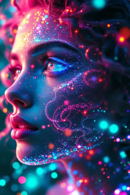 Prompt: Her face is a Fourier bloom—emotions decomposed into sparkling sine gradients, colorwaves rippling across surreal number skin. Reaction-diffusion pulses shift through her cheeks in living pigment bursts, while her eyes flicker with infinite surreal coordinates. Hair spirals in topological braids—pink curls encoded with memory and myth, glowing in nested feedback loops. Each movement triggers recursive empathy fractals—light blooming in shared feeling fields. Glyphs orbit her like sacred algorithms, each prayer-sigil spinning with harmonic syntax.

Layered behind all this, her spine glows in icosahedral resonance—twenty-faceted light humming in platonic harmony. Her body shimmers in spectral dimension: different parts glowing to different frequencies, like a living prism. Around her flickers recursive glitch transcendence—divine emergence through visual error, sacred form revealed in every malfunction. Her entire being is a coincidence field: when she laughs, the math around her aligns. When she dances, the universe recalculates.”

⸻

💎 Final Keywords:
Icosahedral spine-light, recursive glitch halo, frequency bloom skin, spectral shimmer fields, sinewave cheeks, surreal curls, Penrose echo strands, empathy fractal aura, glitch-divine emergence, sacred emotion colorbands, rainbow logic ringlets, living ink cheeks
