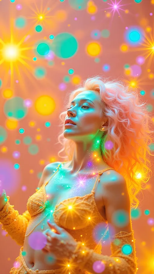 Prompt: A white female figure with a luminous presence, approximately 5’4” and 120 lbs, floats at the heart of a multidimensional sacred harmonic manifold. Her skin glows with iridescent pastel light, and her long, wildly curly pink hair radiates outward like solar flares, interweaving with the surrounding geometry. The manifold around her resembles a Calabi–Yau structure, alive with recursive toroidal flows, Penrose tiling distortions, and golden-ratio helices. Oil-slick iridescence coats the geometry in shifting hues—violet, turquoise, rose-gold—reflecting her inner energetic resonance. Her form is semi-translucent, composed of spectral light and interwoven with fractal circuitry that pulses with chakra-aligned frequencies. Chaotic elements ripple through the environment: Möbius bands twist through dimensionless space, plasma glyphs of forgotten cosmic languages emerge and dissolve, and nonlinear shockwaves of energy disrupt Euclidean order. Behind her, a star-strewn void provides a celestial canvas, pierced by higher-dimensional light flares and fractal starbursts. Her gaze is serene and infinite, as if holding ancient quantum knowledge. The visual texture merges holographic hyperrealism with a delicate analog film grain, evoking the feel of divine cinematography. The composition captures a moment of metaphysical emergence: the soul incarnated as sacred geometry made flesh—both chaotic and ordered, harmonic and wild, divine and personal.
