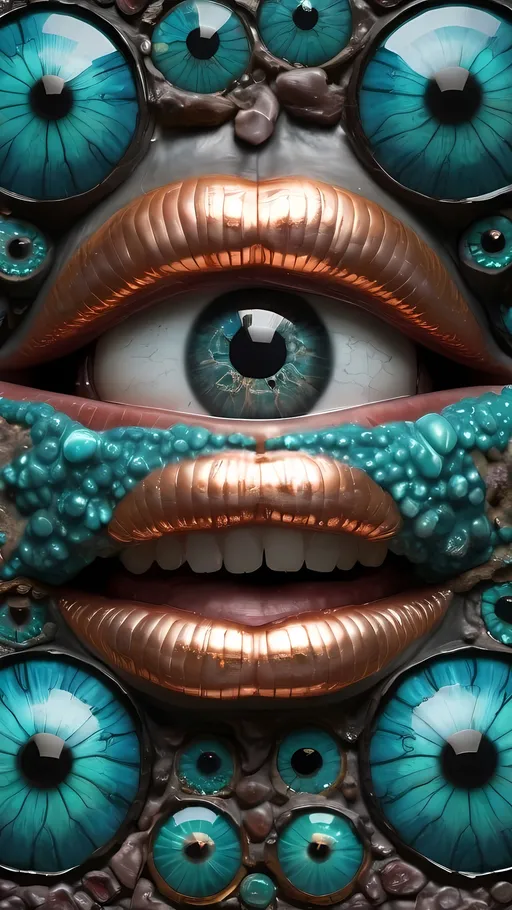 Prompt: Create an extremely hyper-realistic, ultra super textural, weird, trippy, surreal, psychedelic eyes/teeth/mouth pattern/design based on "Staphylococcus epidermidis", with lots of human eyes (crazy colorful compound psychedelic), rows of human teeth, human lips, and tongues. 

- **Colors**: determined by the properties and expressions of the elements (& their isotopes), minerals, and metals: Chrysocolla, copper, silicon, hematite,  “ Staphylococcus epidermidis”

**Shapes and forms**
- "Staphylococcus epidermidis" & their colonies
-other shapes determined by the natural properties and expressions of the elements (& their isotopes), minerals, metals, and biological organisms: Chrysocolla, copper, hematite

- **Textures**: Derived from any/all elements (& their isotopes), minerals, metals, crystals, organic things mentioned in this prompt:"Staphylococcus epidermidis" (Pulvinatus), Chrysocolla, copper, hematite

**Composition and Layout**:
- a pattern/design based on "Staphylococcus epidermidis" (Pulvinatus)

**Lighting**:
- Lots of bright light
- zoomed out

**Detail and Atmosphere**:
- Extreme hyperrealistic sharp high detail high definition organic and mineral textures
- Psychedelic, weird, odd, surreal atmosphere
- Frozen in time

**Additional Elements**:
- "Staphylococcus epidermidis", extra rows of teeth, lips, many eyes, Pulvinatus

