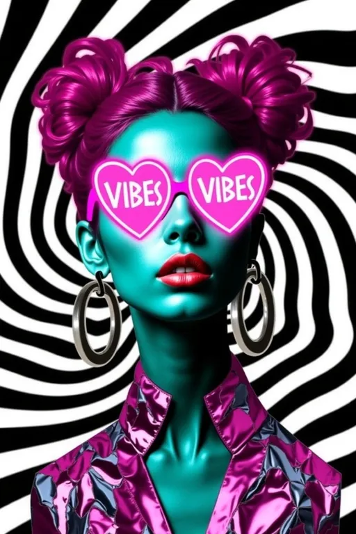 Prompt: **Updated Prompt:**  
"A vibrant, hyper-detailed cyberpunk portrait of a slim caucasian woman with long, wild, and unruly pink curls styled into two high buns that radiate energy and personality. She wears oversized, glowing pink heart-shaped glasses with the word 'VIBES' boldly etched across the lenses, exuding a playful yet futuristic charm. The glasses glow brightly, becoming the focal point of her bold, rebellious look.  

Her outfit is a sleek, high-tech bodysuit in glossy metallic pink and chrome, reflecting light with a liquid-like sheen. The suit is adorned with intricate neon pink circuitry patterns and holographic textures that pulse with energy. Large polished hoop earrings in a matching metallic pink finish frame her face, catching the light from her surroundings.  

The background features a dynamic black-and-white optical illusion pattern, with bold, twisting shapes that create a mesmerizing and surreal atmosphere. The contrast between the monochrome background and her vibrant pink aesthetic makes her stand out as a radiant, futuristic icon. Subtle reflections of the optical illusion pattern shimmer across her metallic suit, tying the elements together into a cohesive, visually striking composition."  

This prompt ensures the optical illusion background is incorporated while replacing "LOVE" with "VIBES" on the glasses for a fresh take!