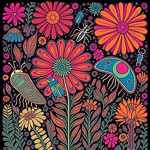 Prompt: <mymodel>Psychedelic poster art illustration of wildflowers & insects, vibrant colors, detailed floral patterns, surreal insect designs, high quality, detailed, poster art, vibrant colors, wildflowers, insects, psychedelic, floral patterns, surreal, high contrast lighting, detailed illustration