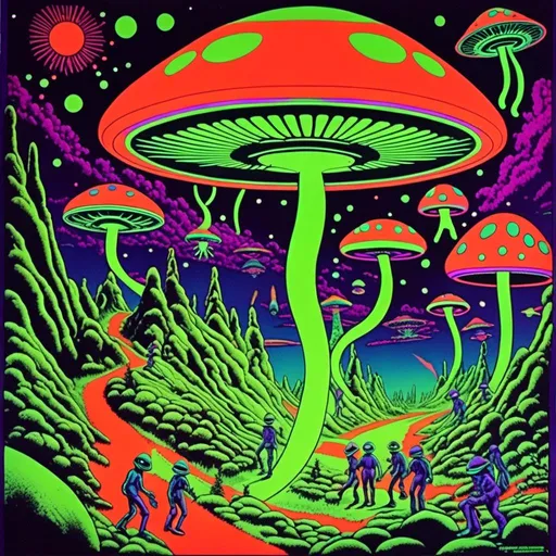 Prompt: <mymodel>Vintage 70s black light poster of little green men, smoking joints, alien landscape, UFO flying saucers, psilocybin cubensis mushrooms, vibrant trippy colors, neon purple and green, detailed psychedelic patterns, high quality, retro, black light, vibrant colors, detailed aliens, surreal landscape, psychedelic, smoking joints, UFO flying saucers, vintage poster, 70s aesthetic, vibrant neon, alien mushrooms, vibrant night sky