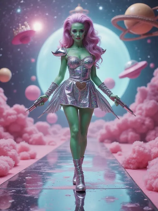 Prompt: A hyperrealistic alien beauty queen struts confidently down a floating glass runway suspended in a candy-colored nebula. Her skin is mint green, smooth and subtly iridescent, and her bouffant hair explodes in sculpted cotton candy curls—pink at the base, flaring into lavender tips, topped with glittery heart-shaped antennae. Her face is immaculate, with shimmering blush, oversized holographic lashes, and glossy bubblegum lips that reflect like patent leather.

Her body-hugging retro vinyl minidress is covered in metallic appliqués of hearts, moons, stars, and little glittering planets, all meticulously embedded into the folds like vintage costume jewelry. Rhinestones crust her neckline, wrists, even the seams of her chrome go-go boots. A sparkling belt buckle shaped like Saturn cinches her waist, and her shoulderpads flare like sparkling wings made of mirrored prisms. Her raygun, holstered in a rhinestone hip strap, has a heart-shaped barrel that shoots holographic sparkles.

Surrounding her: floating op-art panels in black and white, rotating slowly like hypnotic candy swirls. In the background, hovering bubble chairs, sparkly disco asteroids, and kitschy UFOs shaped like tiaras. The whole image glows with vintage soft focus grain, like a forgotten pin-up photoshoot from the Venus edition of 1965’s Galactic Bachelorette Monthly.

Color palette: bubblegum pink, holographic silver, lemon-lime, teal chrome, soft violet.
Finish: soft analog grain with brilliant, candy-slick highlights.
