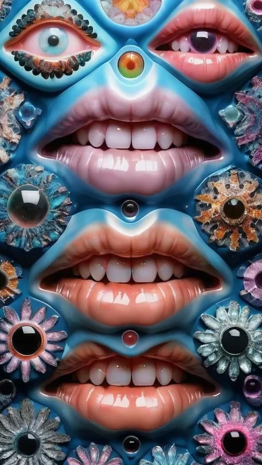 Prompt: Create an extremely hyper-realistic, ultra super textural, weird, trippy, surreal, psychedelic eyes/teeth/mouth pattern/design based on Mandelbrot & “Op Art tiling” with lots of human eyes (crazy colorful compound psychedelic), rows of human teeth, human lips, and tongues. 

- **Colors**: determined by the properties and expressions of the elements (& their isotopes), minerals, and metals: opal, moonstone, Kunzite, selenite, rose quartz, Platinum (Pt)

**Shapes and forms**
- Mandelbrot 
- "Op Art tiling" 
-other shapes determined by the natural properties and expressions of the elements (& their isotopes), minerals, metals, and biological organisms: opal, moonstone, Kunzite, selenite, rose quartz,  Platinum (Pt)


- **Textures**: Derived from any/all elements (& their isotopes), minerals, metals, crystals, organic things mentioned in this prompt: opal, moonstone, Kunzite, selenite, rose quartz, Platinum (Pt)

**Composition and Layout**:
- a pattern/design based on the Op Art tiling & Mandelbrot 

**Lighting**:
- lots of bright light
- Iridescence
- Aventurescence
- Chatoyancy
- Asterism

**Detail and Atmosphere**:
- Extreme hyperrealistic sharp high detail high definition organic and mineral textures
- Psychedelic, weird, odd, surreal atmosphere
- Frozen in time

**Additional Elements**:
- extra rows of teeth, lips, many eyes, Op Art tiling, Mandelbrot, Iridescence
