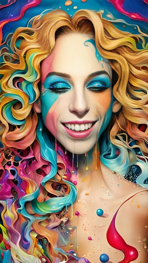 Prompt: Psychedelic melting portrait of a woman with long blond curly hair, dripping and melting in multidimensional geometry, psychedelic, vibrant colors, abstract art, dissolved ego, surrealism, detailed facial features, high quality, artistic, vibrant colors, surreal, psychedelic, abstract, melting effect, curly hair, multidimensional geometry, vibrant colors, dissolved ego, surrealism, detailed facial features, high quality, surreal, artistic