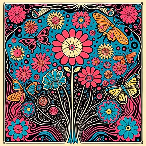 Prompt: <mymodel>Psychedelic poster art illustration of wildflowers & insects, vibrant colors, detailed floral patterns, surreal insect designs, high quality, detailed, poster art, vibrant colors, wildflowers, insects, psychedelic, floral patterns, surreal, high contrast lighting, detailed illustration