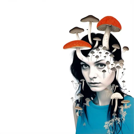 Prompt: a mixed media collage of a girl wearing or growing mushrooms/fungus as clothing body parts and accessories. She is a black and white or halftone photograph, the mushrooms and fungal growths are to be mixed media, including but not limited to paint, enamel, foils, glitter, sparkle, sequins, found objects, natural items, rhinestones etc <mymodel>