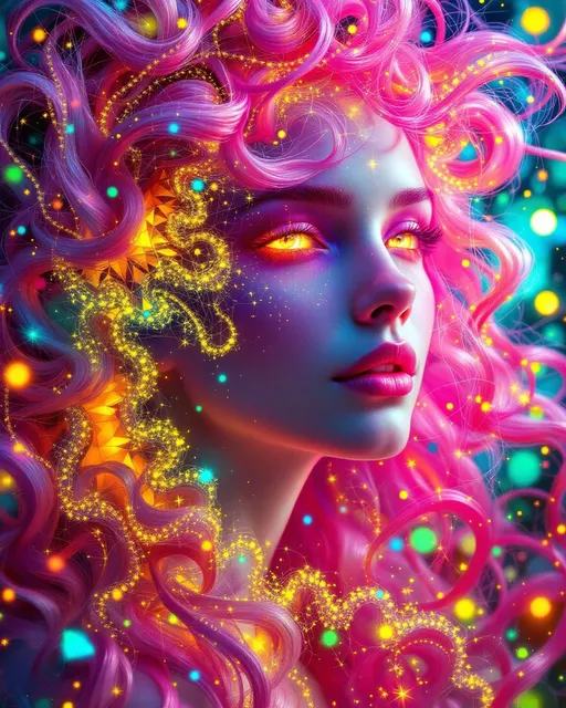 Prompt: Her face is a modular masterpiece—cheekbones traced with the shimmer of moonshine symmetry, every angle tuned to a hidden harmonic. Newton fractal veins glow faintly beneath translucent skin, shifting in color with each emotion. Her eyes burn with prime number fire, irises tiled in Penrose symmetry, blinking with curved light logic. Laughter echoes in Hilbert paths across her cheeks—space-filling joy spirals, soft and bright. Hair spills around her in radiant pink curls, styled by quasiperiodic forces and recursive wave equations—each strand flowing in luminous fractal tension. Geometry pulses at the hairline, recursive symbols glinting in neon mathdust. She is wrapped in hyperbolic aura-rings, layered in color-feedback like living topology, her presence refracting sacred math through joy, emotion, and colorfields.”

⸻

Visual Keywords:
Modular face symmetry, Newton glow skin, Penrose-tiled irises, Hilbert smile trails, pink recursive curls, fractal symbol halo, hyperbolic color aura, neon mathdust, prime fire eyes