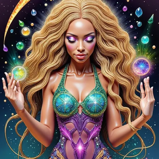 Prompt: **AI Art Prompt:**
An extremely super hyperrealistic ultra high definition super fine textured psychedelic creature called the "Arachnid Empress of the Eternal Threads."
**Creature Description:**  
The Arachnid Empress is a celestial hybrid of a spider and a goddess. Her upper body is a glowing woman with opalescent skin shifting in hues of gold, violet, and turquoise. Her long, wild, curly blond hair flows like a radiant river, streaked with neon pink and electric blue that ripple as if alive. Her lower half transforms into a crystalline spider with eight sleek, glowing legs etched with fractal patterns. Her abdomen is a swirling galaxy encased in a translucent shell, constellations glowing softly within. 
Her eight multifaceted eyes reflect infinite universes, each glowing in a different psychedelic hue. From her fingertips extend fine, shimmering threads of webbing, forming sacred geometric patterns in the air. She exudes both grace and cosmic power, as if she weaves the fabric of reality itself.
**Background Description:**  
The Empress dwells in an infinite, glowing web suspended in a kaleidoscopic void. The web shimmers with rainbow hues and fractal patterns, stretching endlessly in all directions. The void is a swirling sea of vibrant colors—electric greens, fiery oranges, and deep purples—dotted with floating orbs of light. Occasionally, bolts of energy ripple through the web, illuminating her in radiant light.
**Mood and Atmosphere:**  
The scene is hypnotic and divine, blending beauty and mystery. The glowing textures, vibrant colors, and intricate patterns create a sense of awe, as if the viewer is witnessing the cosmic weaver of existence.
