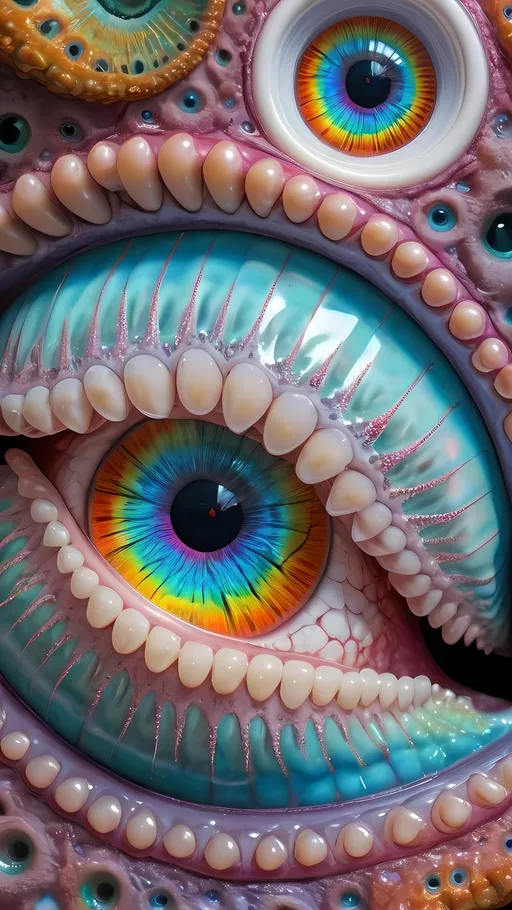 Prompt: an extremely hyper realistic ultra super textural weird trippy surreal psychedelic entity, Diophantus spiral, white, translucent, clear, bright bright pastel colors, oil slick rainbow sheen effect, lots and lots of light, lots of crazy colorful compound psychedelic human eyes, rows of human teeth, fungus, atoms, diatoms, diophantine spirals