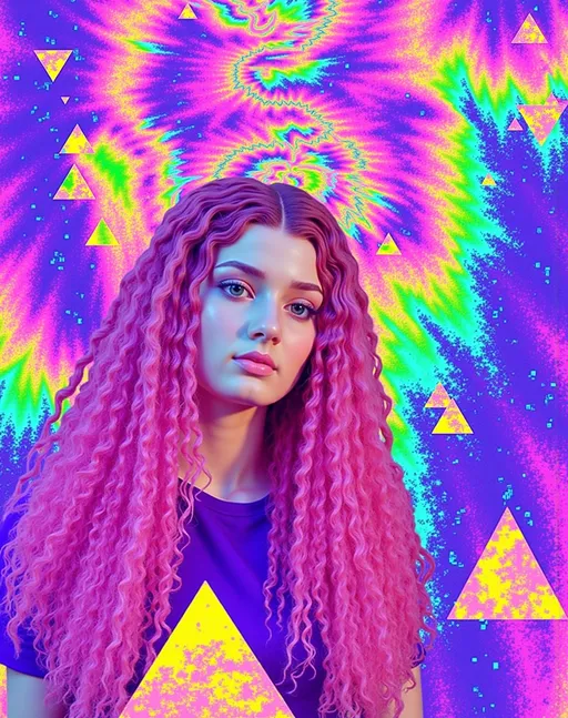 Prompt: In a vibrant cosmic scene, Merry—a caucasian slim woman with long wild pink very curly hair and blue eyes—stands amidst a dazzling array of triangles and mathematical wonders. Her hair flows like a nebula, merging with a spectrum of geometric forms in amethyst and citrine hues.

Sierpinski's triangle takes center stage, its intricate fractal pattern of indigo and orange triangles creating a mesmerizing tapestry around Merry. Above, Penrose tiling unfolds in turquoise and magenta, its non-repeating design symbolizing infinite mathematical possibilities. A Möbius strip spirals around Merry, its surface a seamless loop of iridescent light.

The color palette is a vivid explosion of neon greens, radiant yellows, and rich magentas, evoking a psychedelic dreamscape. The mood is one of infinite curiosity, as Merry embodies the harmony between chaos and order in this mathematical universe.

Rendered with meticulous detail, the scene blends crisp outlines with seamless colors, inviting viewers to explore this surreal wonderland.

Style: Psychedelic geometric art with surreal elements, inspired by fractal geometry and Penrose tiling. Medium: Digital collage.

Character count: 1,052