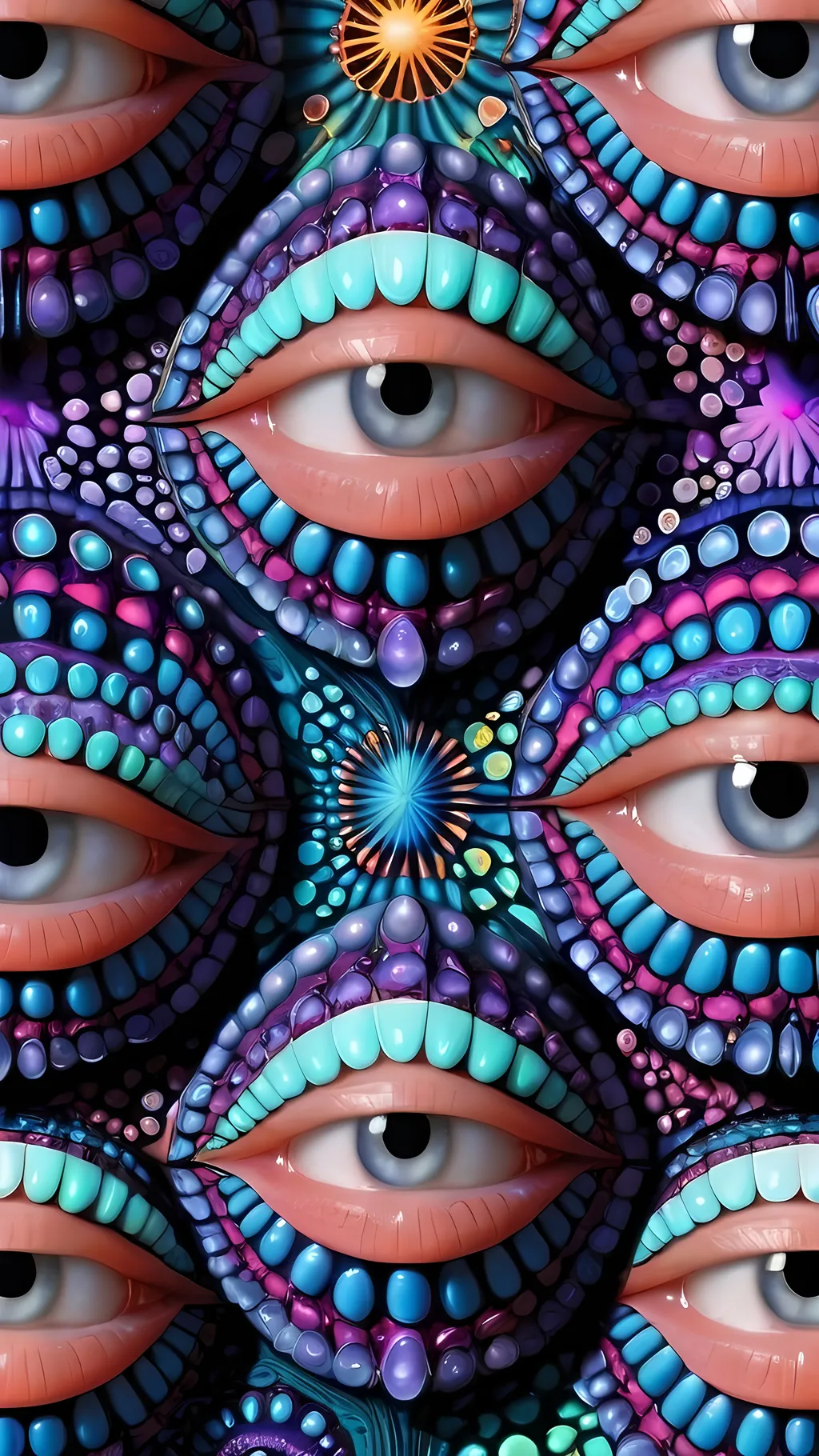 Prompt: Create an extremely hyper-realistic, ultra super textural, weird, trippy, surreal, psychedelic eyes/teeth/mouth pattern/design based on Mandelbrot & “Op Art tiling” with lots of human eyes (crazy colorful compound psychedelic), rows of human teeth, human lips, and tongues. 

- **Colors**: determined by the properties and expressions of the elements (& their isotopes), minerals, and metals: opal, moonstone, amethyst, rose quartz, Platinum (Pt)

**Shapes and forms**
- Mandelbrot 
- "Op Art tiling" 
-other shapes determined by the natural properties and expressions of the elements (& their isotopes), minerals, metals, and biological organisms: opal, moonstone, amethyst, rose quartz,  Platinum (Pt)


- **Textures**: Derived from any/all elements (& their isotopes), minerals, metals, crystals, organic things mentioned in this prompt: opal, moonstone, amethyst, rose quartz, Platinum (Pt)

**Composition and Layout**:
- a pattern/design based on the Op Art tiling & Mandelbrot 

**Lighting**:
- lots of bright light
- Phosphorescence

**Detail and Atmosphere**:
- Extreme hyperrealistic sharp high detail high definition organic and mineral textures
- Psychedelic, weird, odd, surreal atmosphere
- Frozen in time

**Additional Elements**:
- extra rows of teeth, lips, many eyes, Op Art tiling, Mandelbrot 
